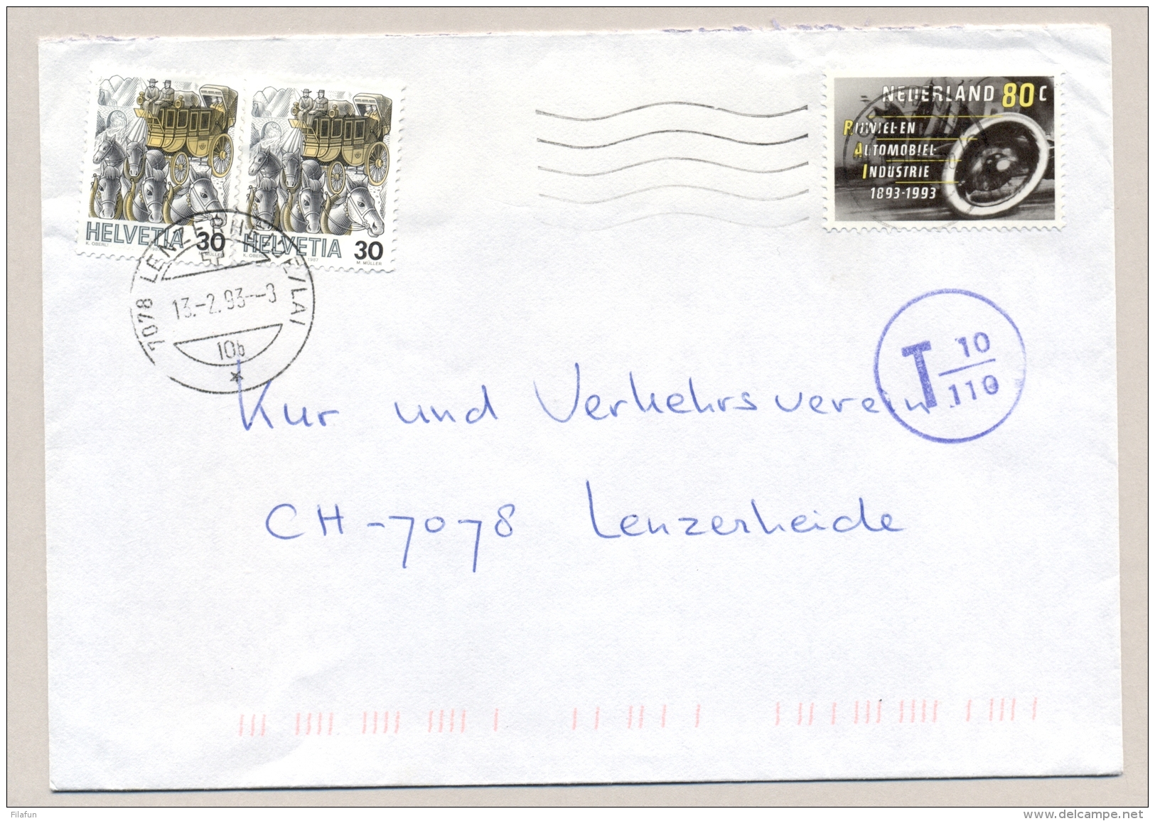 Schweiz - 1993 - 2x30c Regular Stamps Used As Portomarke On Incoming Cover From Nederland - Strafportzegels