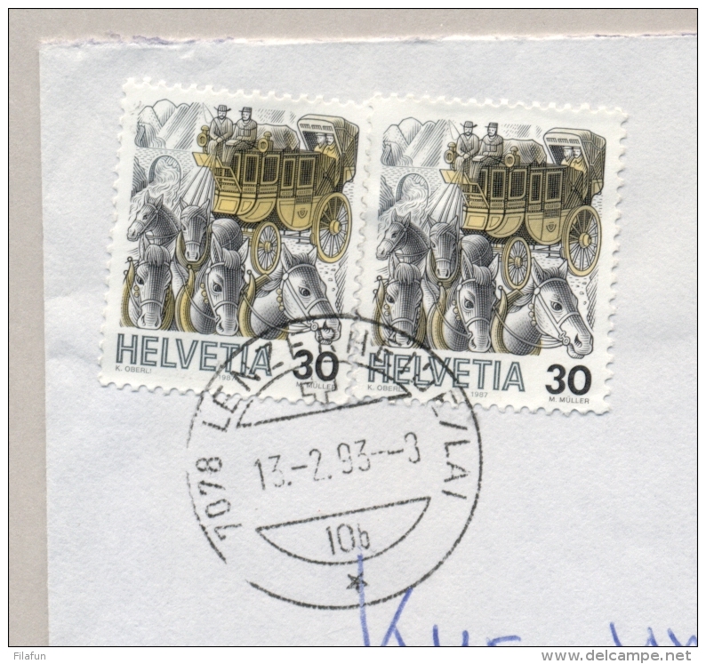Schweiz - 1993 - 2x30c Regular Stamps Used As Portomarke On Incoming Cover From Nederland - Strafportzegels