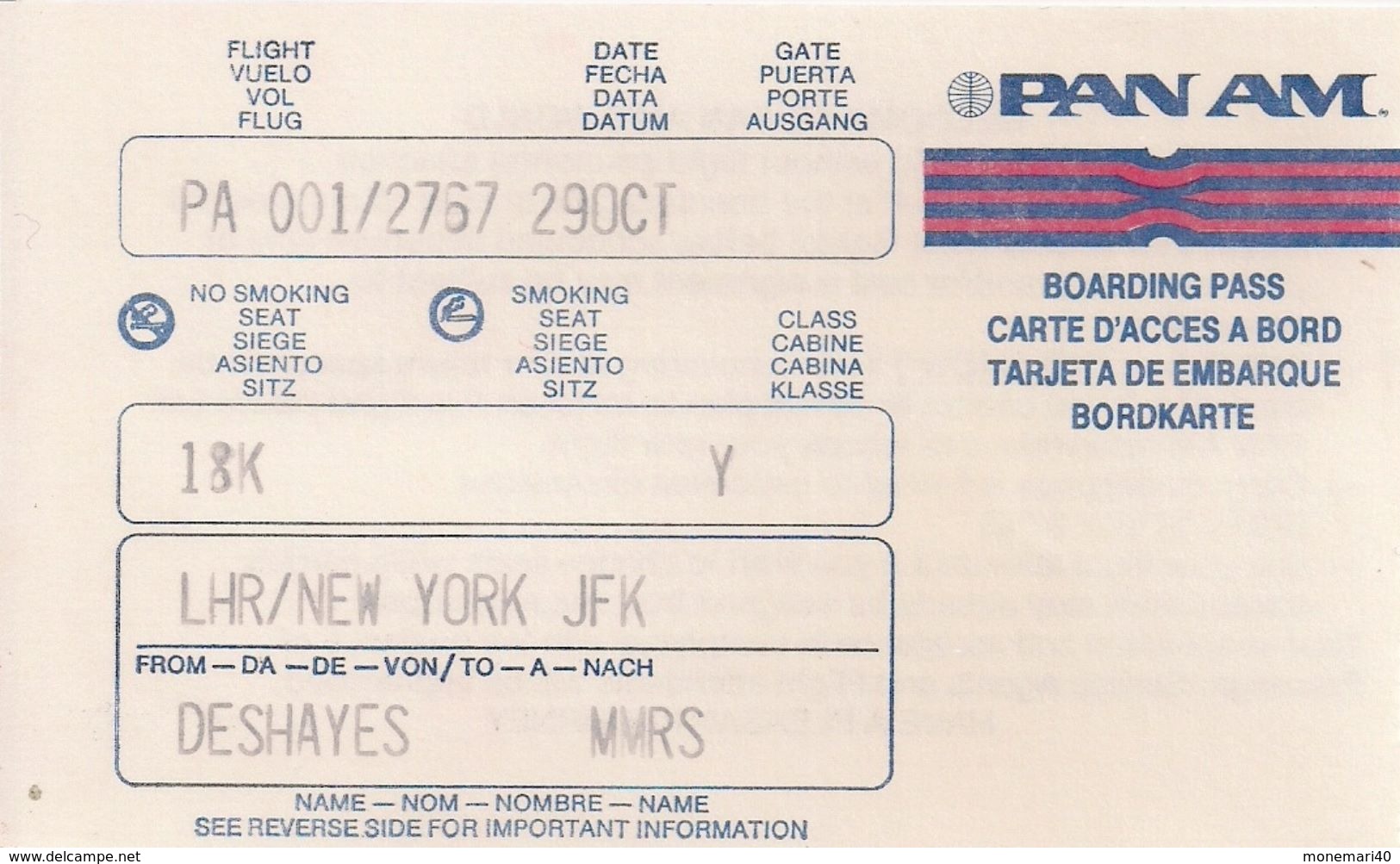 PAN AM - LONDON-NEW YORK JFK - CARTE D'ACCES A BORD - MONIQUE - 8. - Mundo