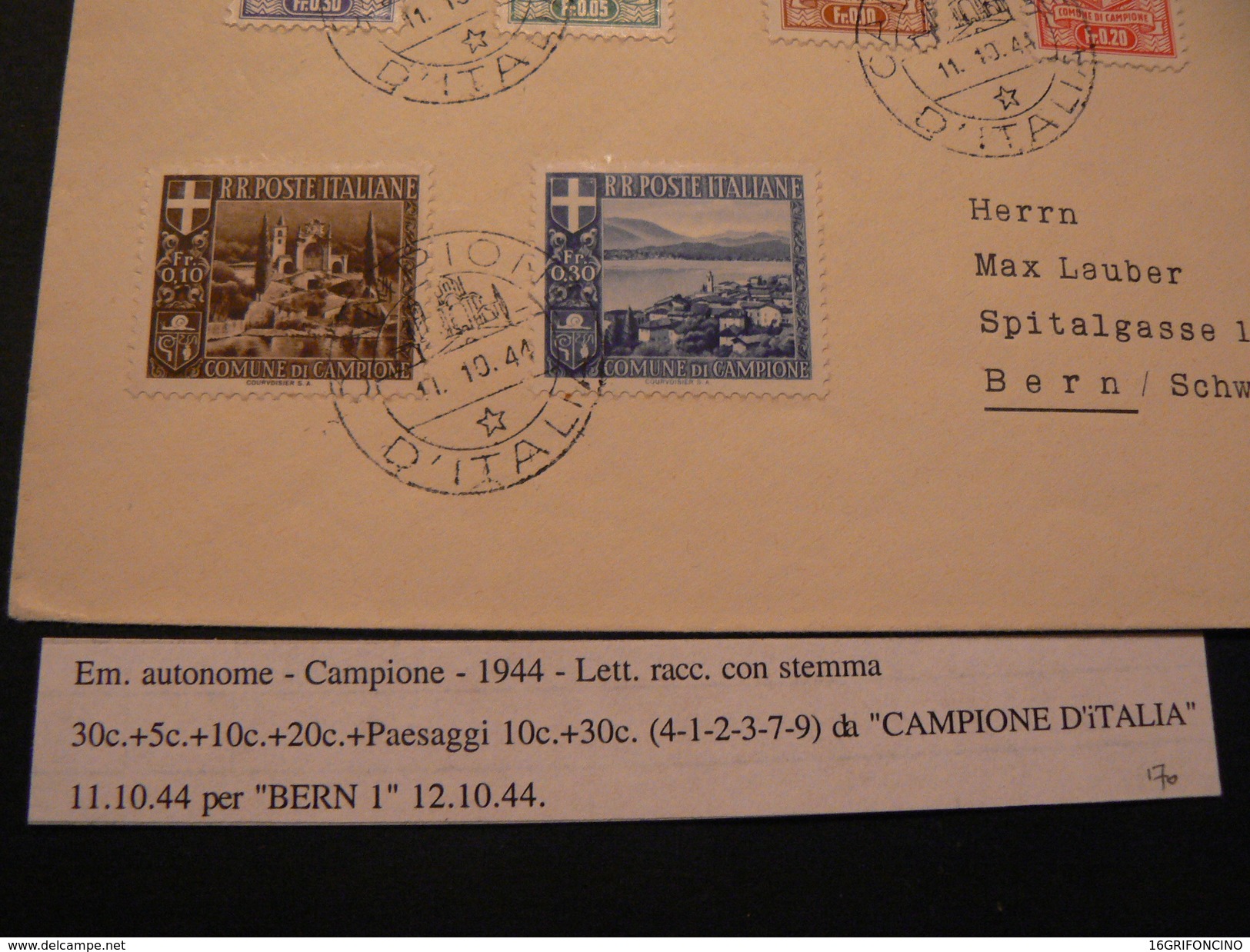 1944 EMISSIONI AUTONOME.LETTER FROM CAMPIONE  D'ITALIA TO BERN.HIGH VALOUR//EMISSIONE AUTONOMA CAMPIONE - Marcophilie