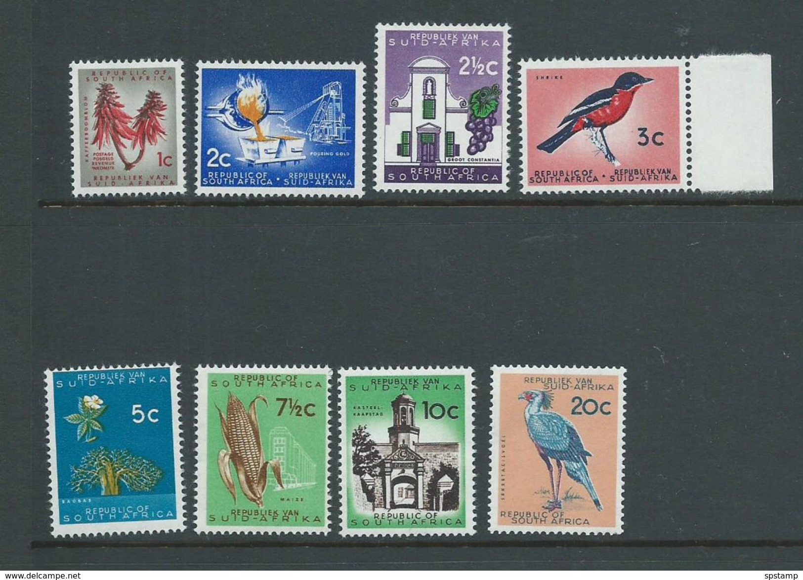 South Africa 1961 - 1963 No Watermark Definitives Short Set Of 8 To 20c Secretary Bird MNH - Unused Stamps