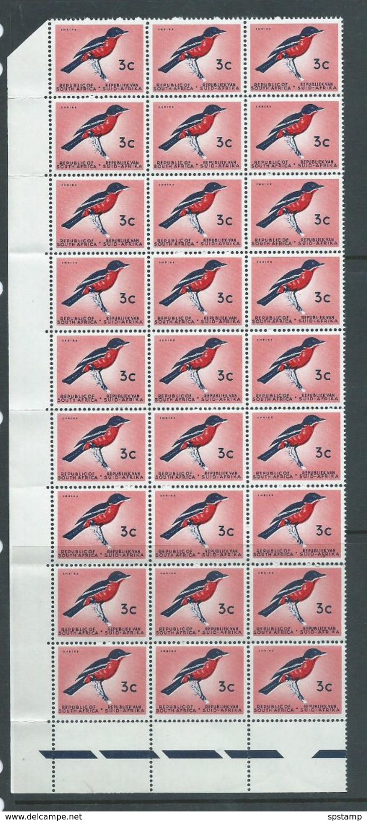 South Africa 1961 - 1963 No Watermark Definitives 3c Bird Block Of 27 MNH - Neufs
