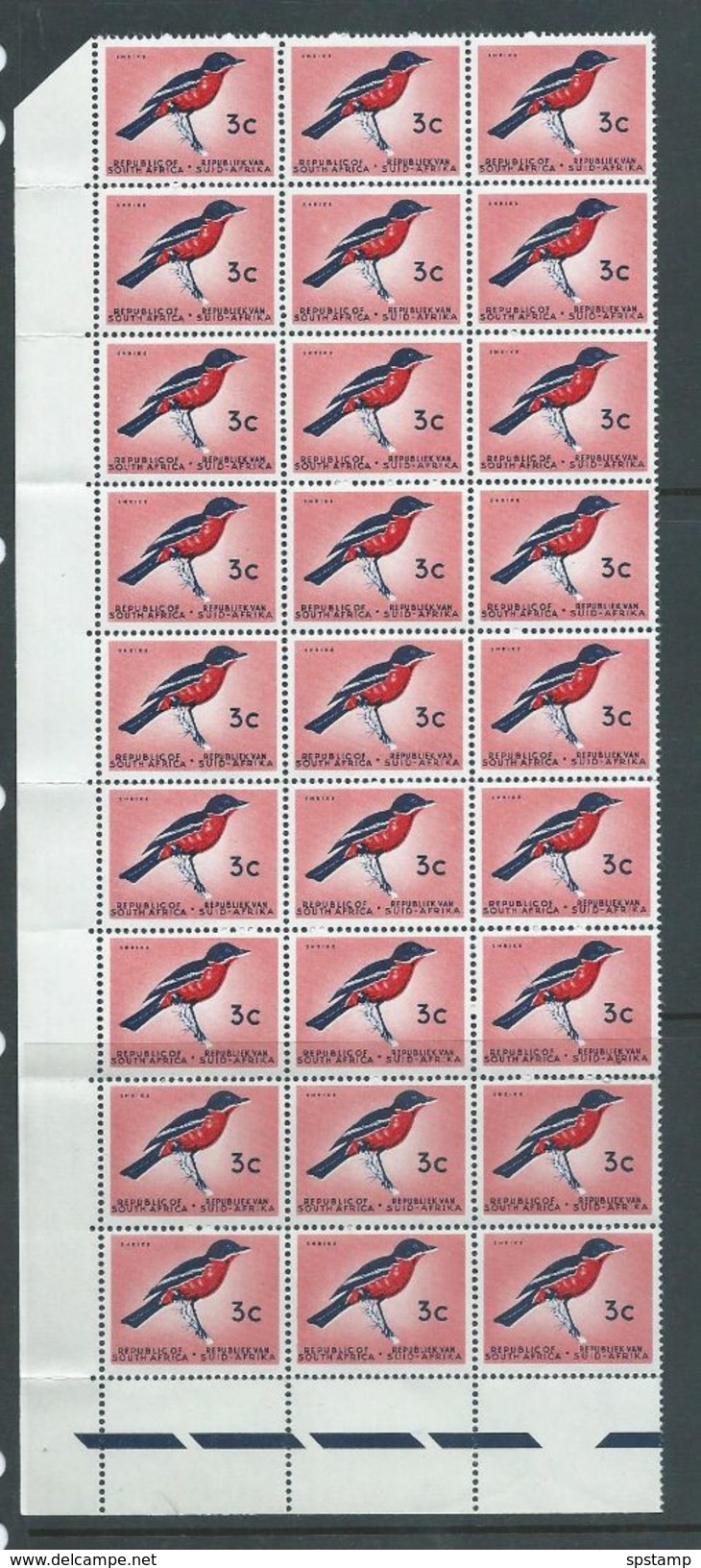 South Africa 1961 - 1963 No Watermark Definitives 3c Bird Block Of 27 MNH - Unused Stamps