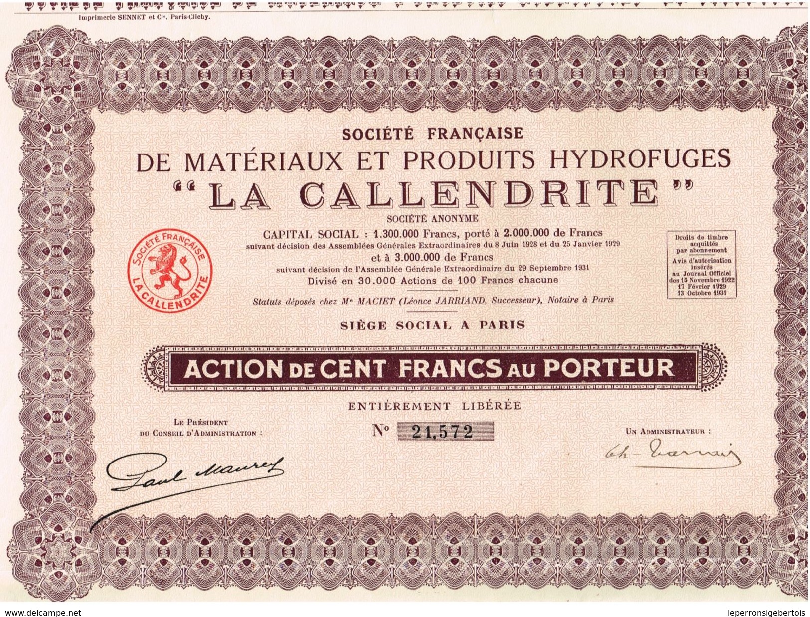 Action Ancienne - Société Française De Matériaux Et Produits Hydrofuges "La Callendrite" - Titre De 1931 - Industrie