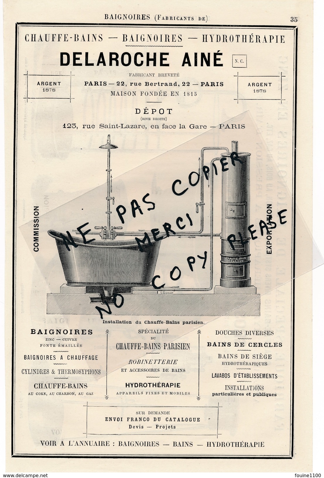 Pub 1879 Fabrique De Baignoires En Zinc Chauffe Bains Lessiveuse  GROSJEAN Frères Baignoire DELAROCHE Hydrothérapie - Advertising
