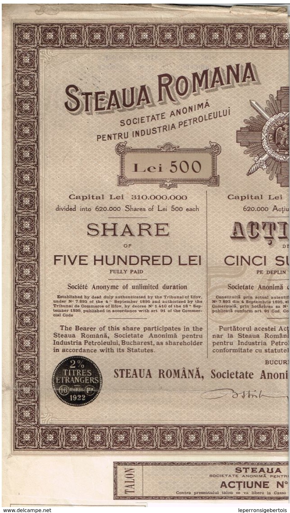 Action Ancienne - Etoile Roumaine S.A. Pour L' Industrie Du Pétrole - Steaua Romana - Titre De 1921 - Pétrole