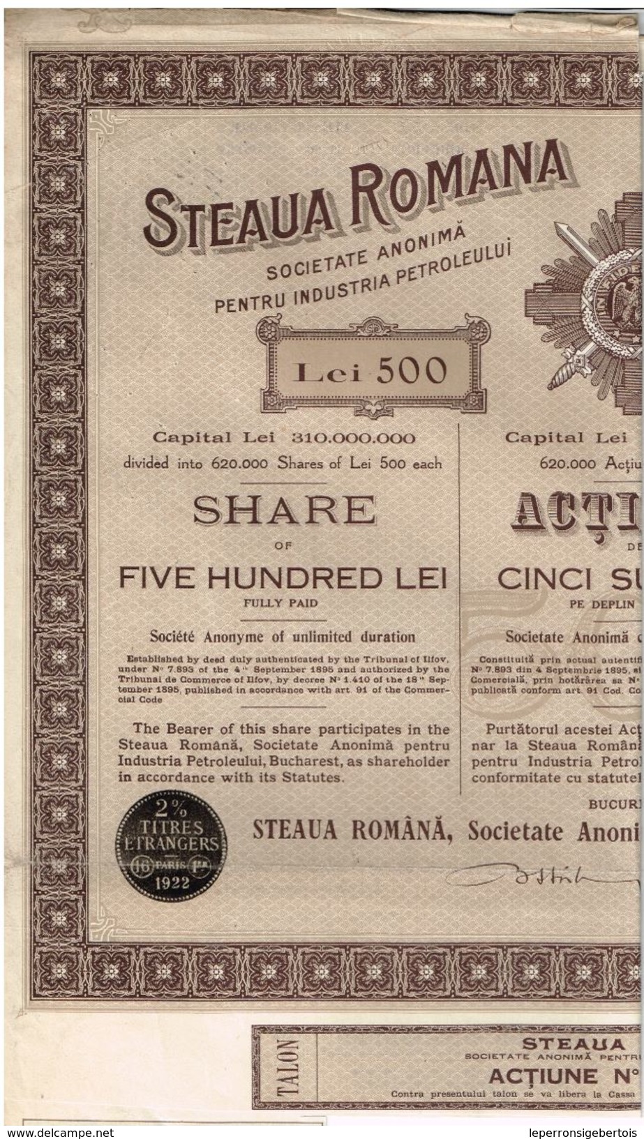 Action Ancienne - Etoile Roumaine S.A. Pour L' Industrie Du Pétrole - Steaua Romana - Titre De 1921 - Aardolie