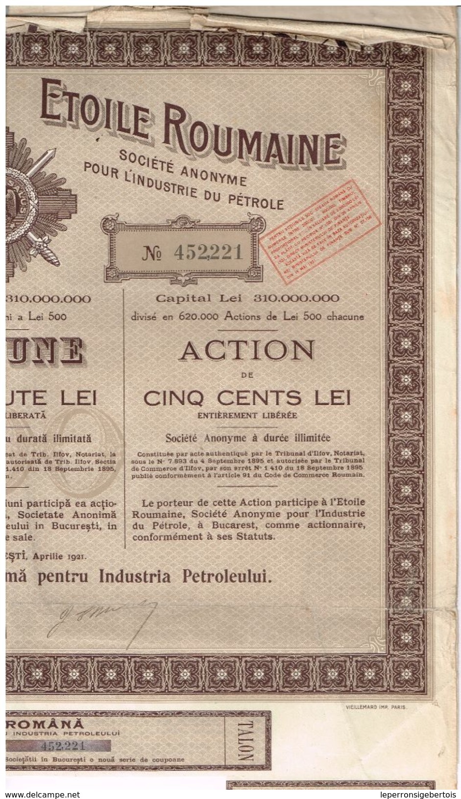 Action Ancienne - Etoile Roumaine S.A. Pour L' Industrie Du Pétrole - Steaua Romana - Titre De 1921 - Aardolie