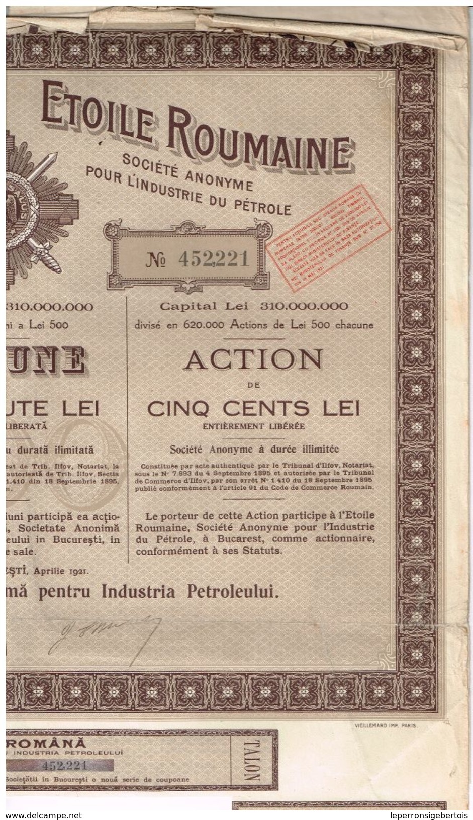 Action Ancienne - Etoile Roumaine S.A. Pour L' Industrie Du Pétrole - Steaua Romana - Titre De 1921 - Petróleo