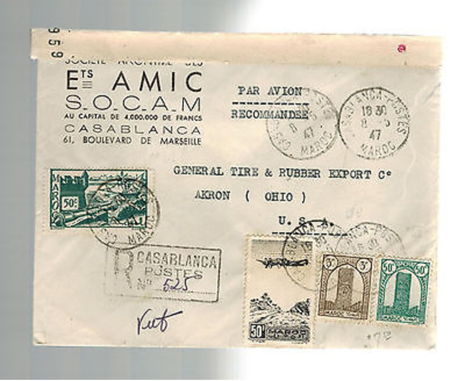 1947 Morocco  Censored Airmail Cover To General Tire And Rubber Company Ohio USA - Marokko (1956-...)