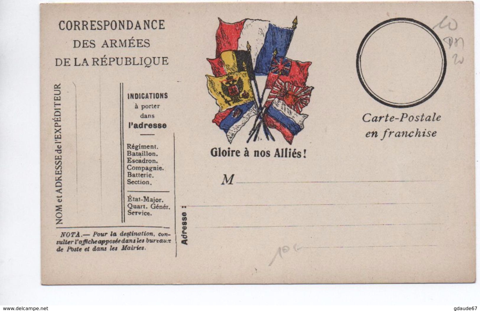 CARTE DE FRANCHISE MILITAIRE FM DRAPEAUX "GLOIRE A NOS ALLIES" - Cartas & Documentos