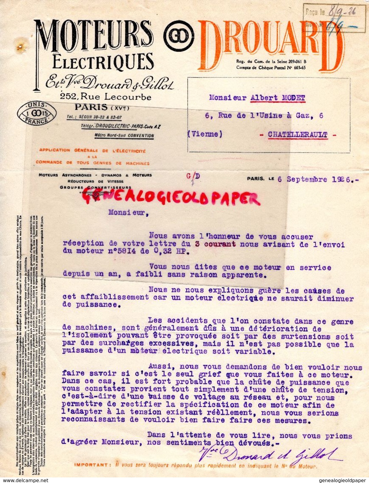 75-PARIS- LETTRE MOTEURS ELECTRIQUES -DYNAMO-DROUARD- GILLOT-252 RUE LECOURBE- ALBERT MODET CHATELLERAULT- 1926 - Cars