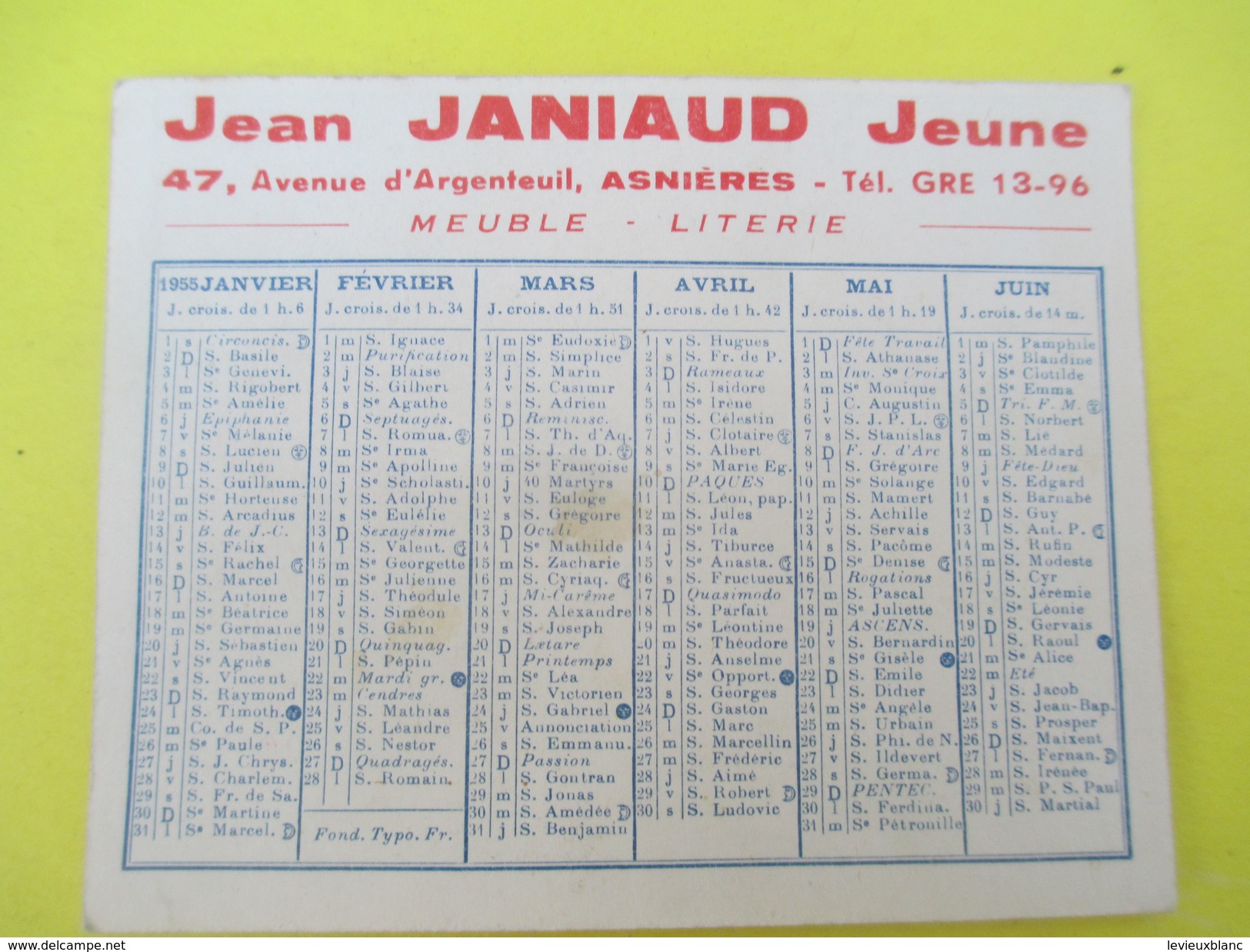 Calendrier De Sac/Recto-Verso/La Maison JEUNE/Jean JANIAUD/ ASNIERES/Literie Et Voitures D'Enfants/Meuble/1955    CAL372 - Altri & Non Classificati