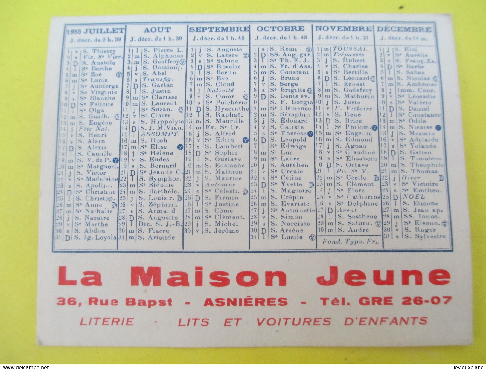 Calendrier De Sac/Recto-Verso/La Maison JEUNE/Jean JANIAUD/ ASNIERES/Literie Et Voitures D'Enfants/Meuble/1955    CAL372 - Other & Unclassified