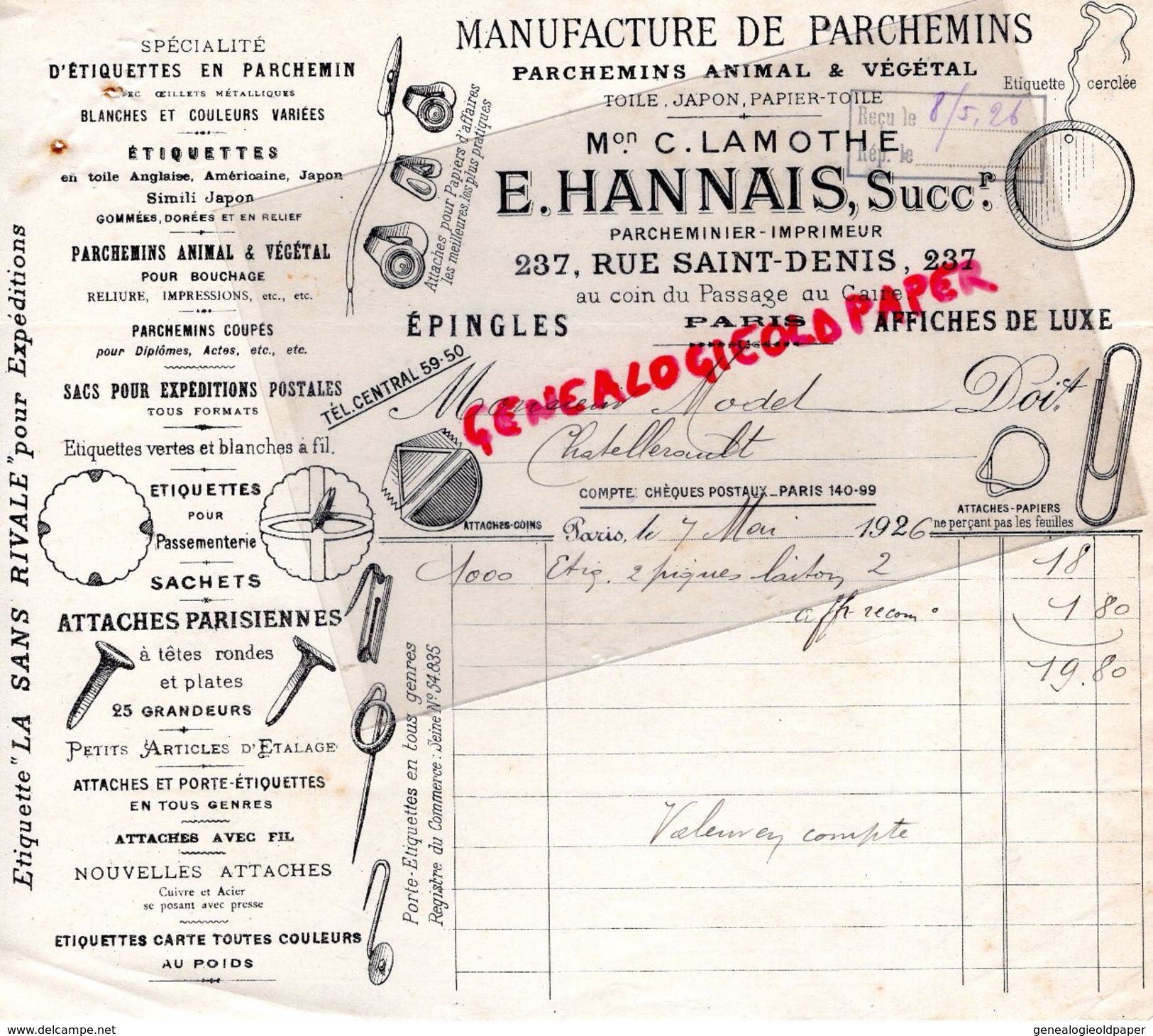 75-PARIS -BELLE FACTURE E. HANNAIS-C. LAMOTHE- MANUFACTURE PARCHEMINS-IMPRIMEUR-IMPRIMERIE-PASSAGE DU CAIRE-RUE ST DENIS - Imprenta & Papelería