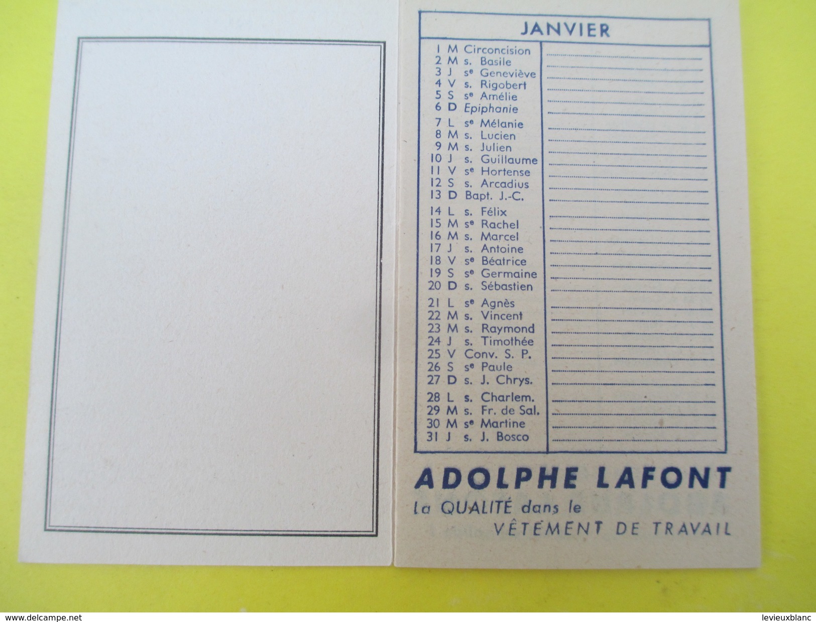 Calendrier-Livret De Sac/Adolphe LAFONT/La Qualité Dans Le Vêtement De Travail / LYON/1952    CAL373 - Andere & Zonder Classificatie