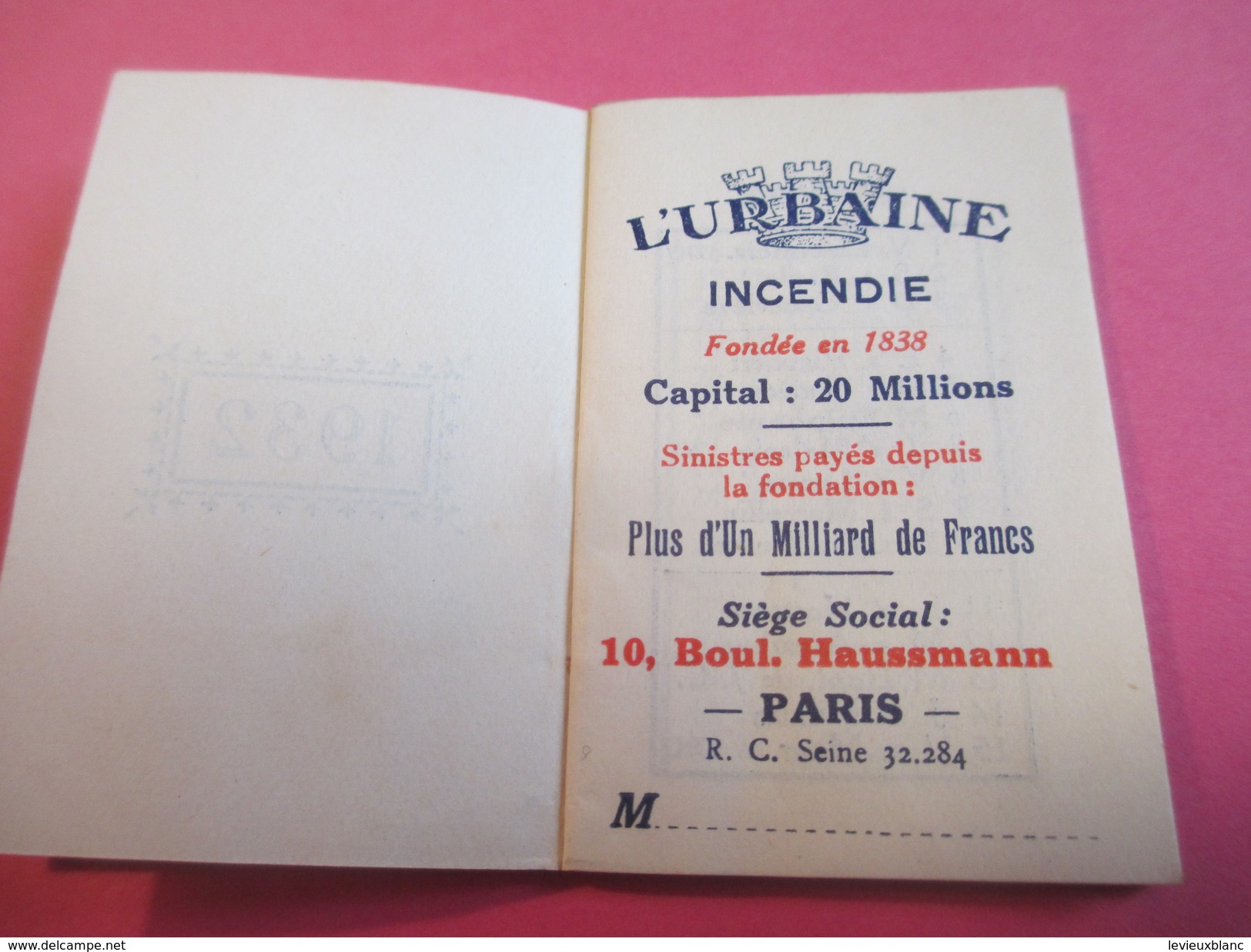 Mini Calendrier - Carnet / L'URBAINE/ Cie D'ASSURANCES/Incendie/Bd Haussmann Paris/ 1932             CAL376 - Autres & Non Classés