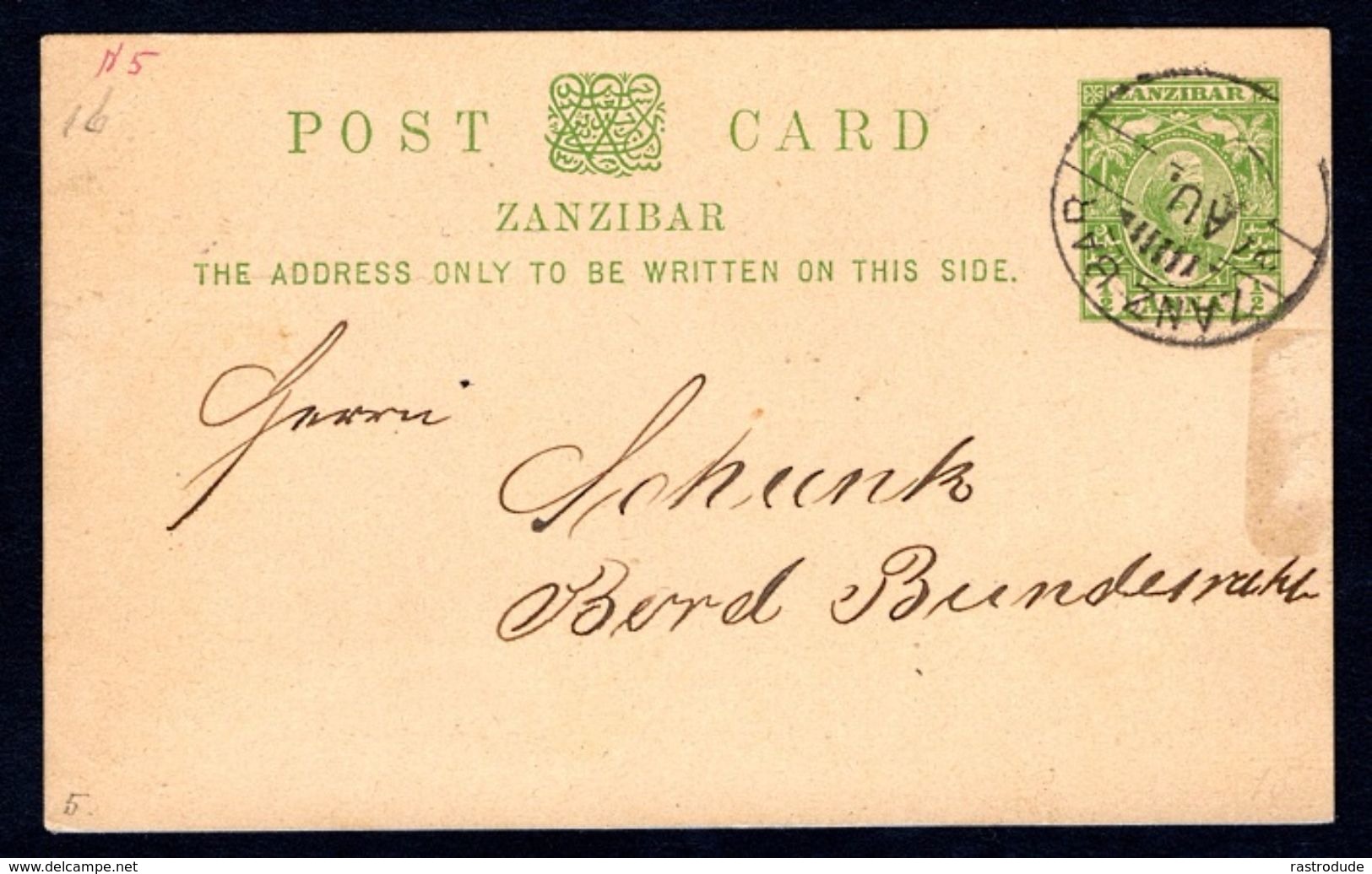 1900 - Zanzibar .  ½ Anna Postal Stationery Card - Used - Scarce - Zanzibar (...-1963)