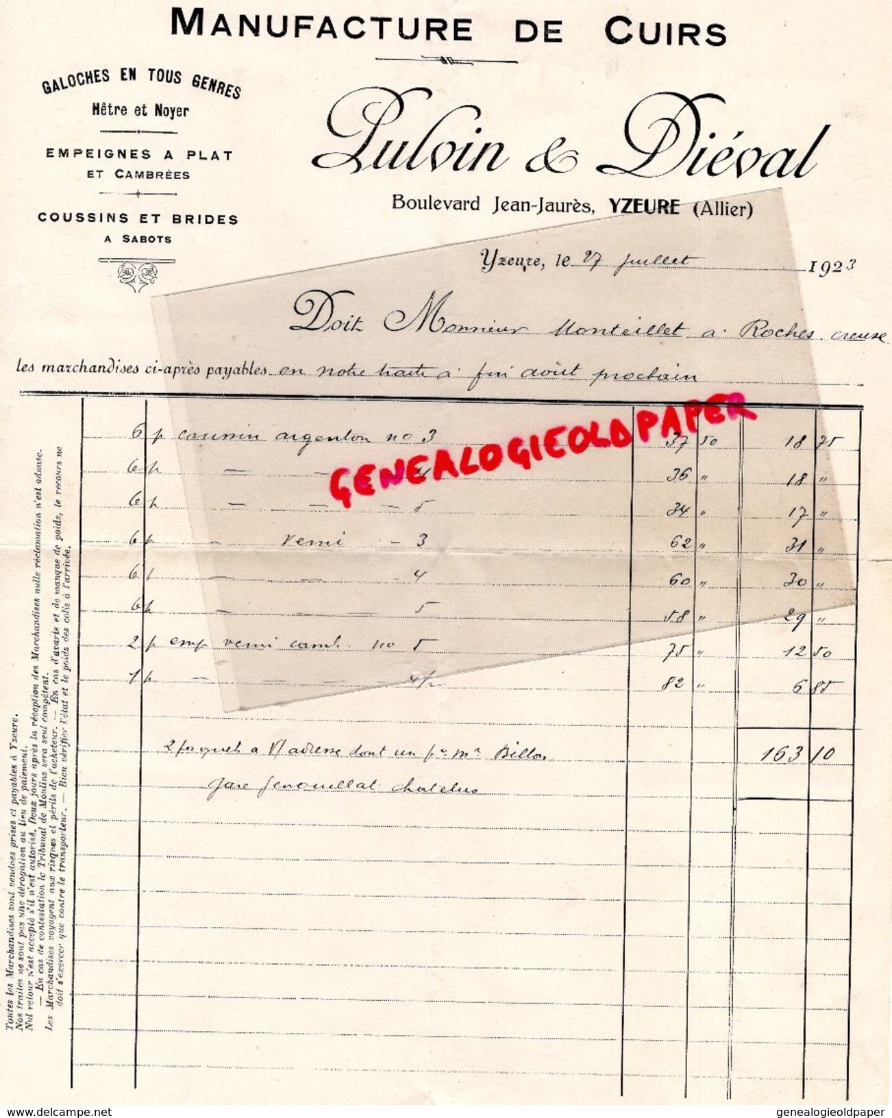 03- YZEURE- RARE FACTURE PULVIN & DIEVAL-MANUFACTURE CUIRS- -GALOCHES HETRE NOYER-MONTEILLET A ROCHES CREUSE 23- 1923 - Old Professions