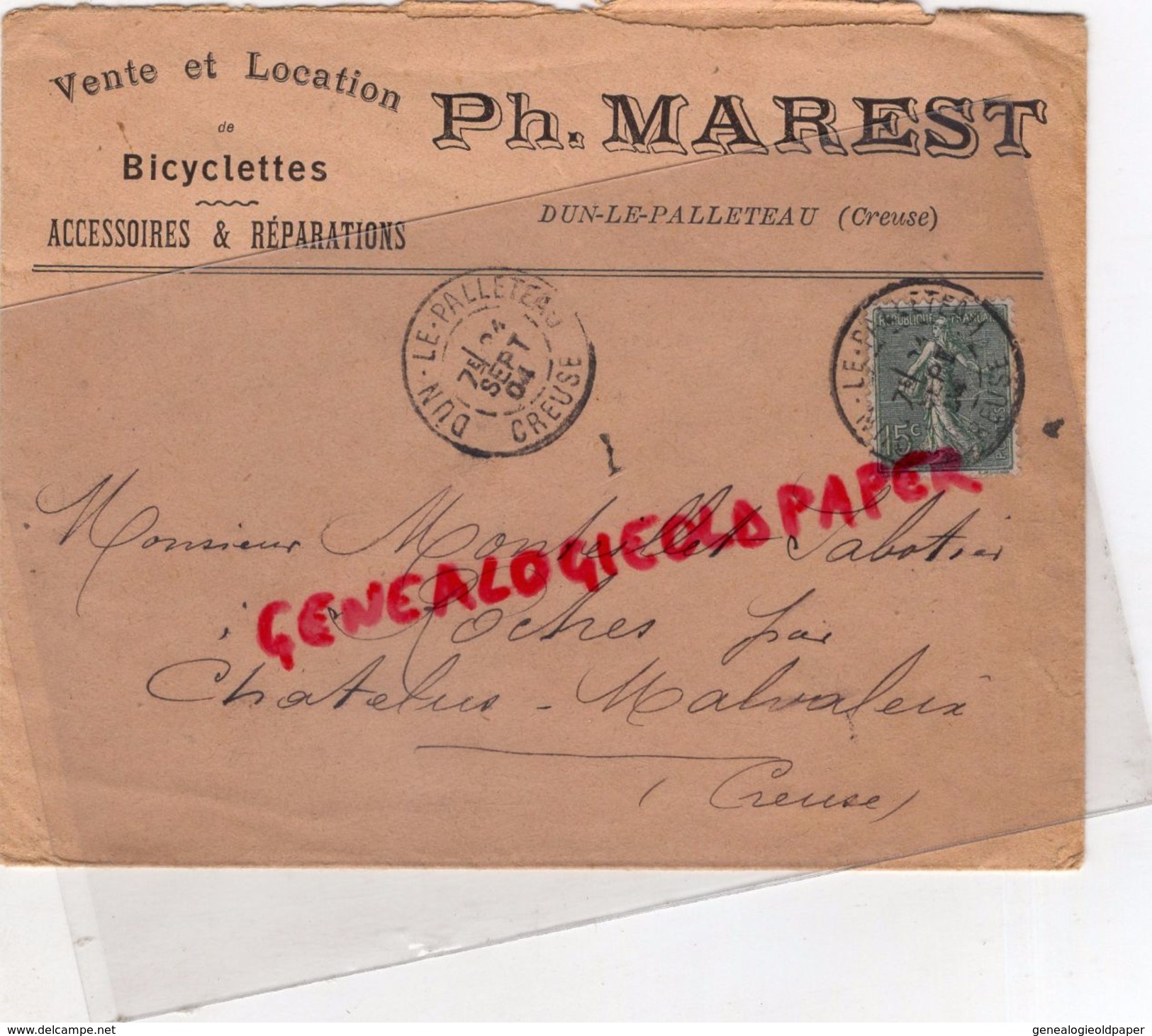 23- DUN LE PALLETEAU-RARE ENVELOPPE  PHILIPPE MAREST- CYCLES AUTOMOBILES-VELO-CYCLISME-1904-MONTEILLET SABOTIER ROCHES - Verkehr & Transport