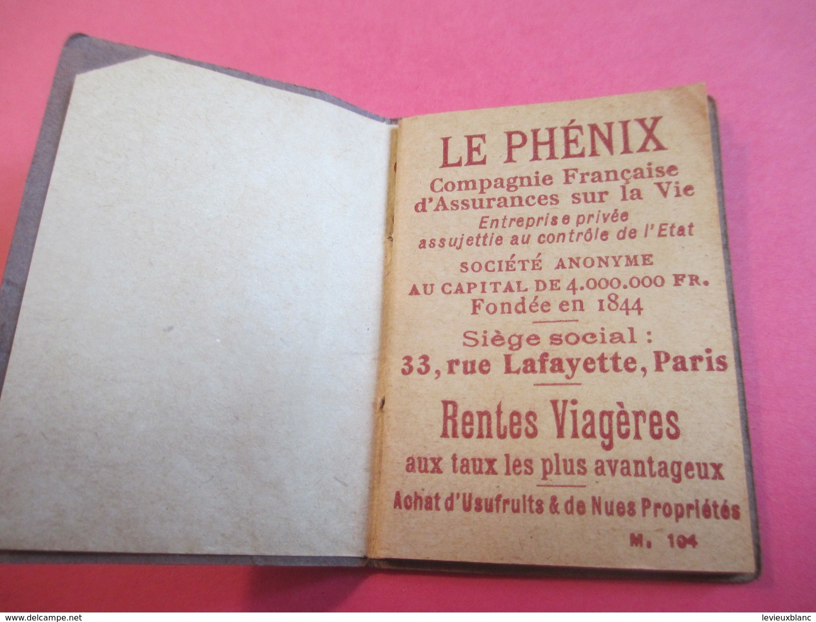 Mini Calendrier - Carnet /Bijou / Le Phénix /Cie D'ASSURANCES/Vie/Rue Lafayette  Paris/1925       CAL380 - Autres & Non Classés