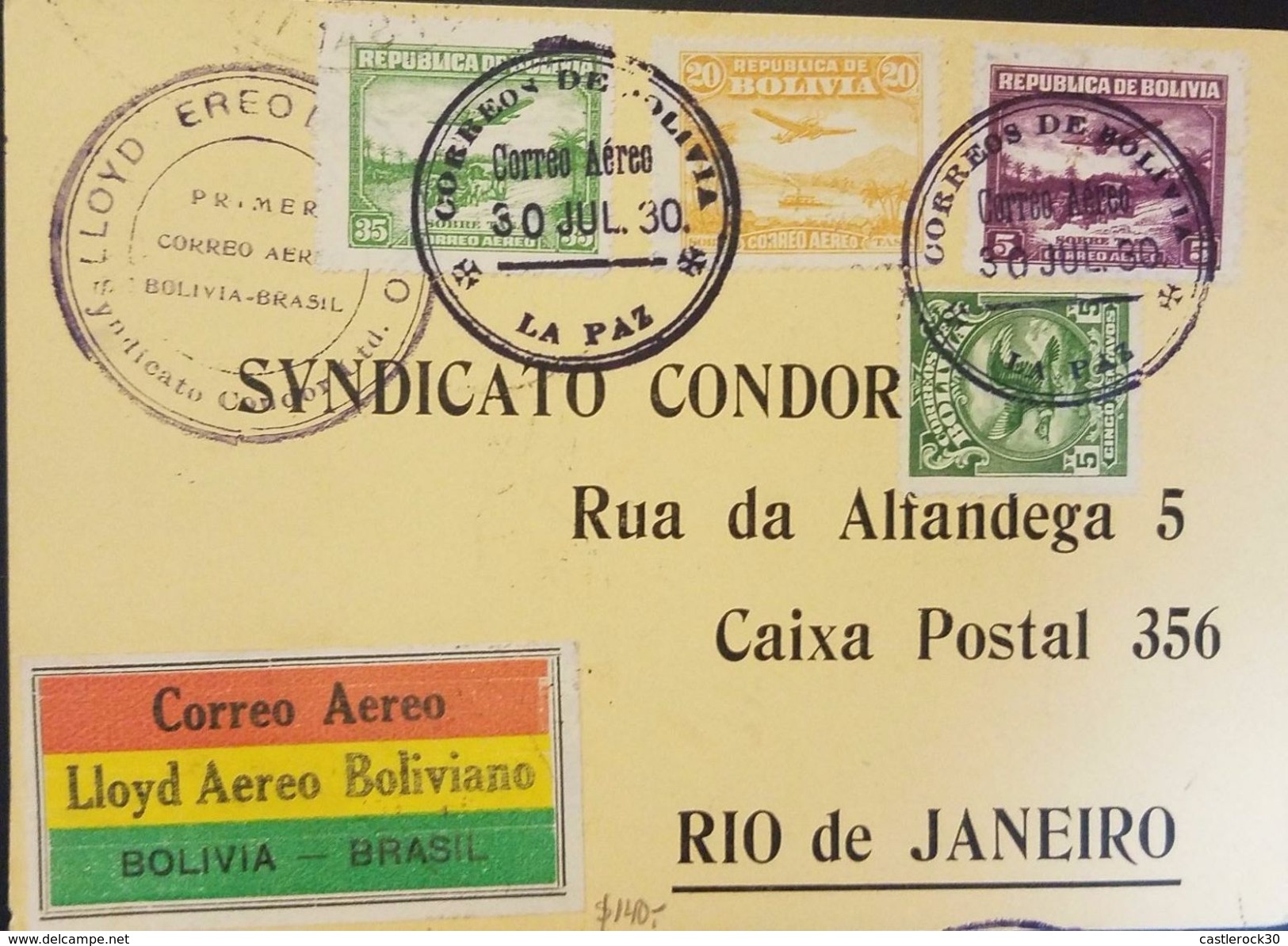 L) 1930 BOLIVIA, FIRST AIR MAIL, AIRPLANE, FLIGHT, CONDOR, MULTIPLE STAMPS, CIRCULATED COVER FROM LA PAZ TO RIO - Bolivia