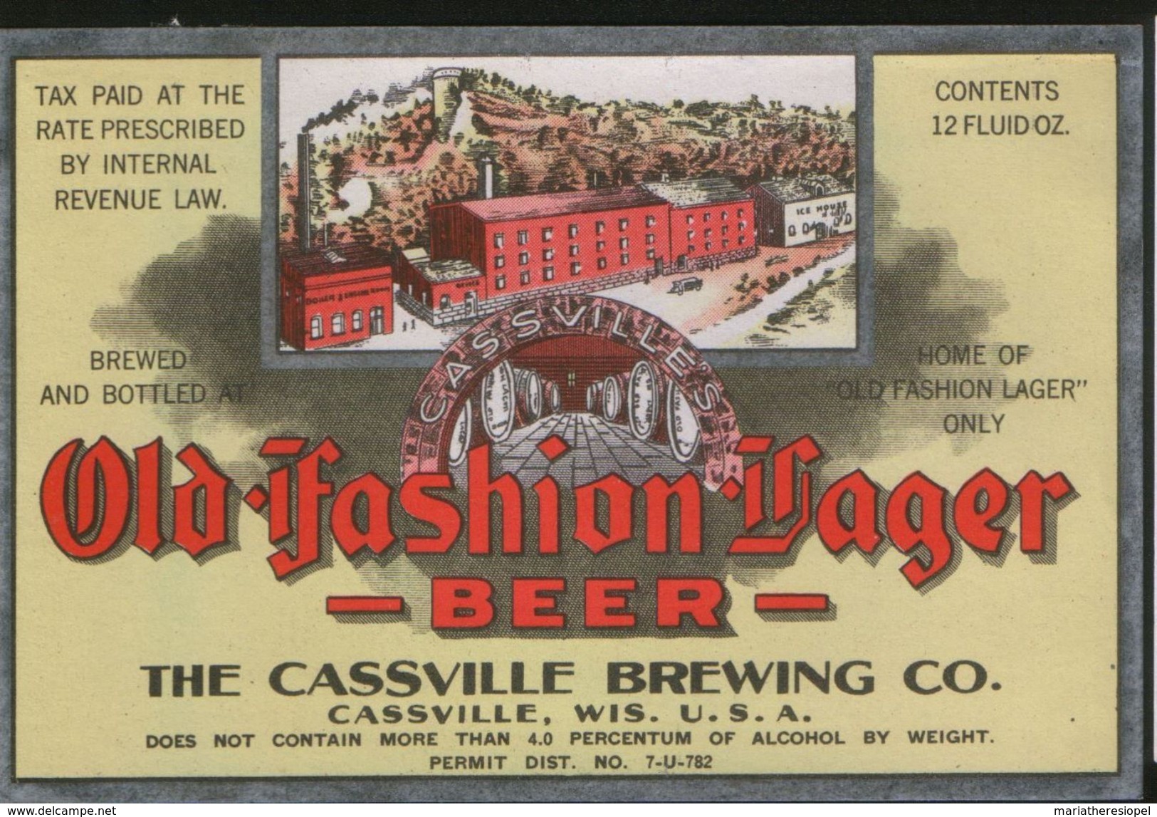 Old Fashion Lager Beer, Cassville Wisconsin (U.S.A.), Beer Label From 60`s. - Bière