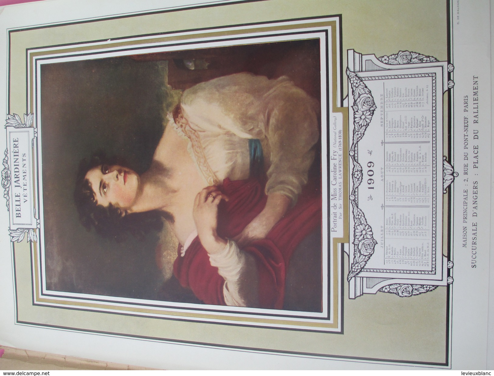 Calendrier de Luxe très grand format/offert par la BELLE JARDINIERE/Chefs d'oeuvre de la Peinture/Angers/1909 CAL382