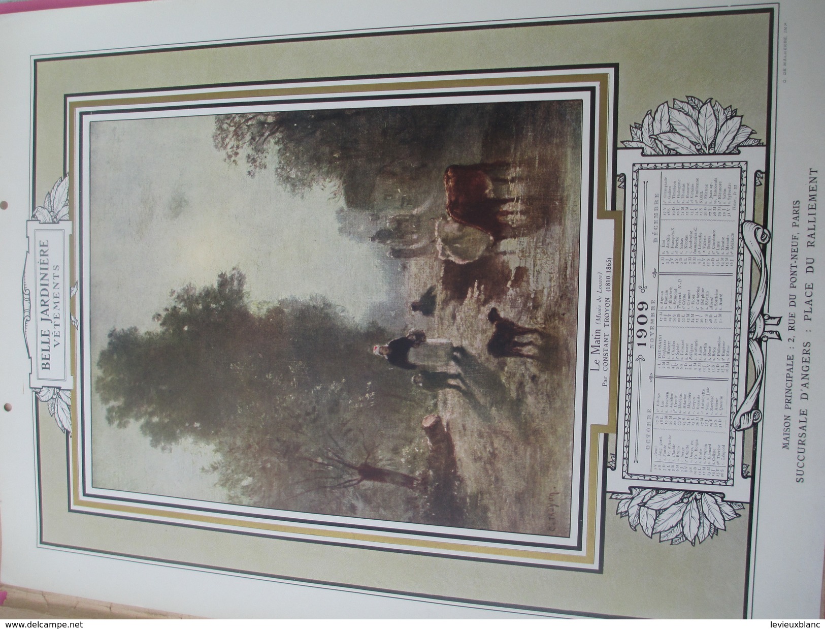 Calendrier de Luxe très grand format/offert par la BELLE JARDINIERE/Chefs d'oeuvre de la Peinture/Angers/1909 CAL382