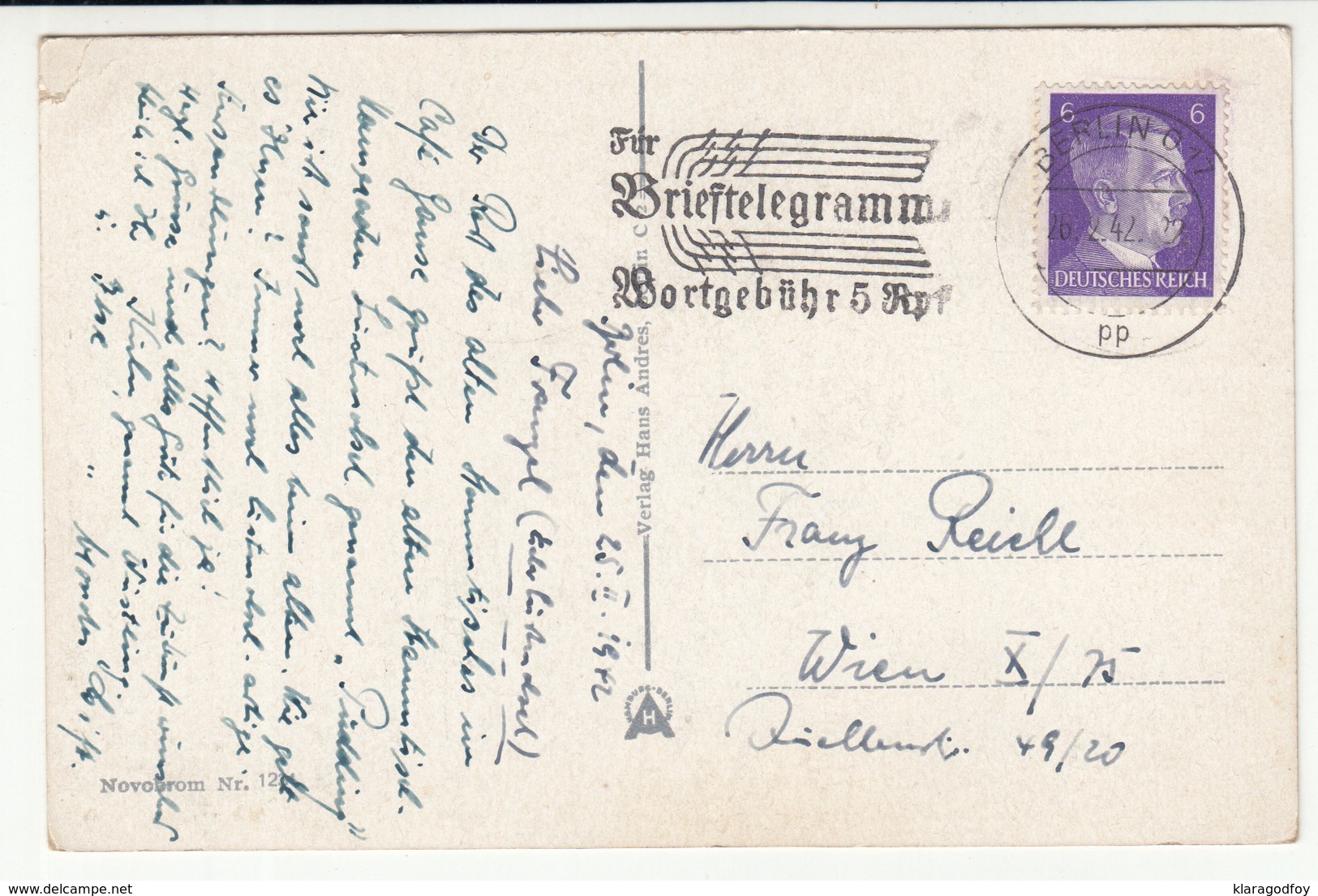 Für Brieftelegramm Wortgebühr 5 Rpf Slogan Postmark On Berlin, Schloss Old Postcard Travelled 1942 B171115 - Briefe U. Dokumente