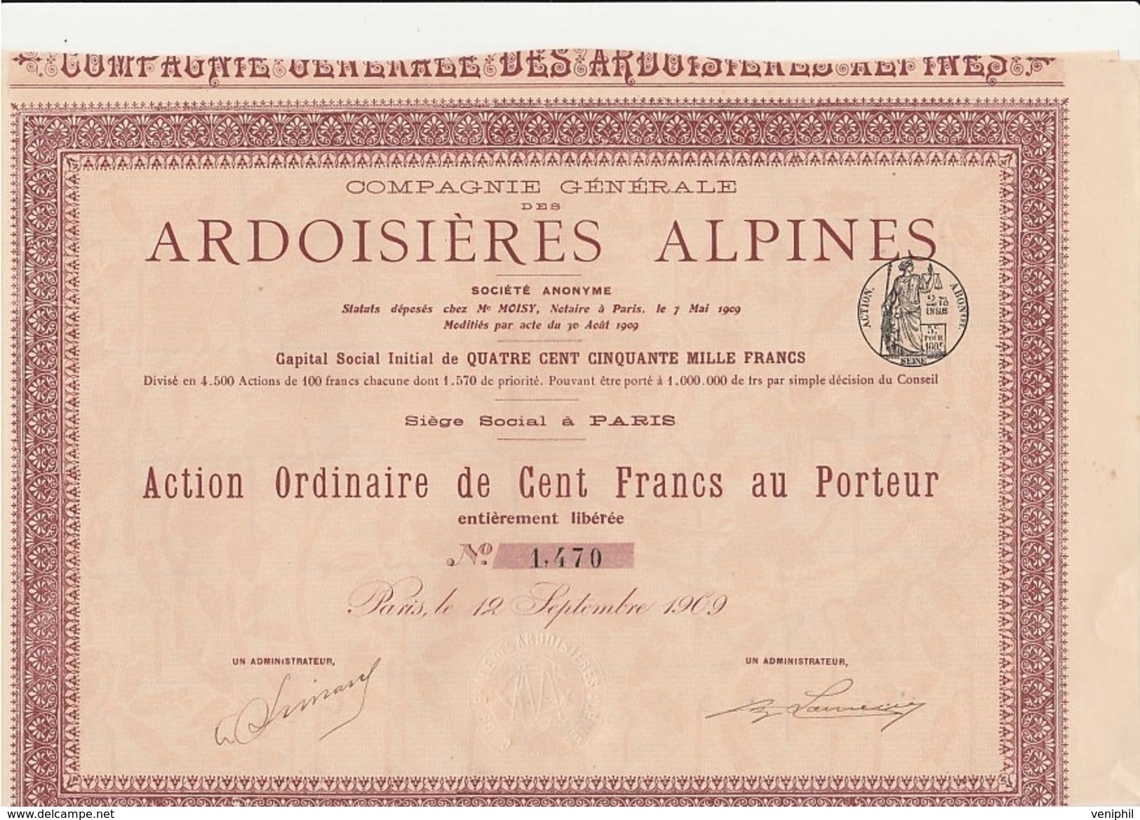 ACTION DE 100 FRANCS -COMPAGNIE GENERALE DES ARDOISIERES ALPINES  - ANNEE 1909 - Mijnen