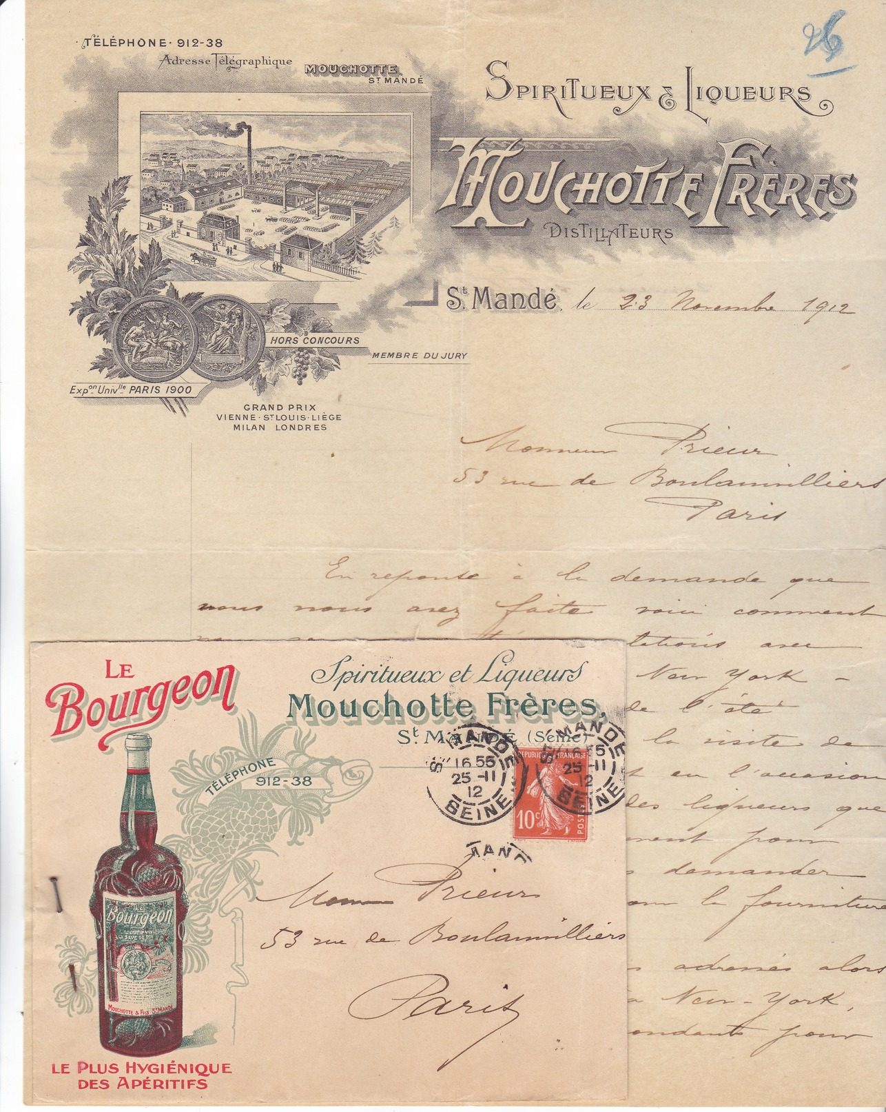 94 Saint Mandé.Lettre Illustrée Spiritueux & Liqueurs Mouchotte Frères De 1912 Avec Sa Rare Enveloppe Commerciale.TBE. - 1900 – 1949