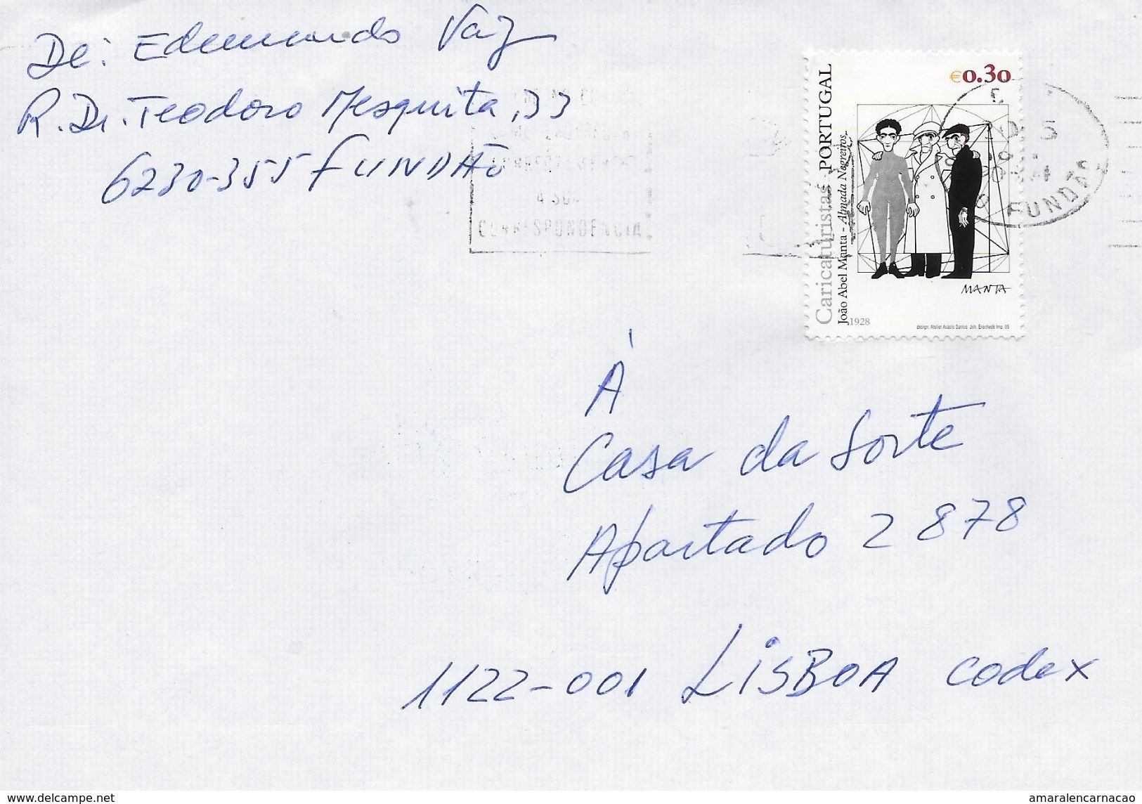 TIMBRES - STAMPS - LETTRE - PORTUGAL - 2005 - CARICATURISTES PORTUGAISES - JOÃO ABEL MANTA - ALMADA NEGREIROS - Lettres & Documents