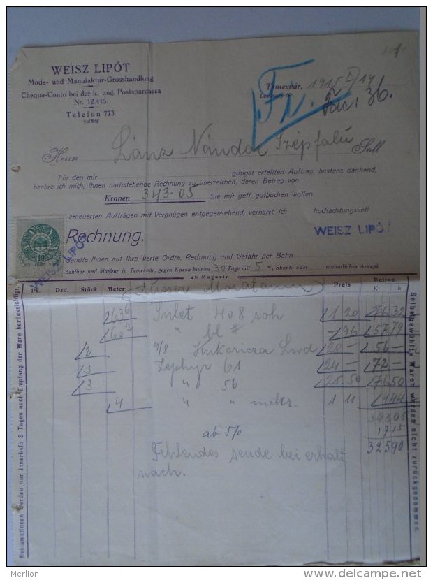 AV508A.2 Invoice Faktura - Leopold WEISZ  Temesvár  1913 - Revenue Stamp  - Temesszépfalu - Oostenrijk