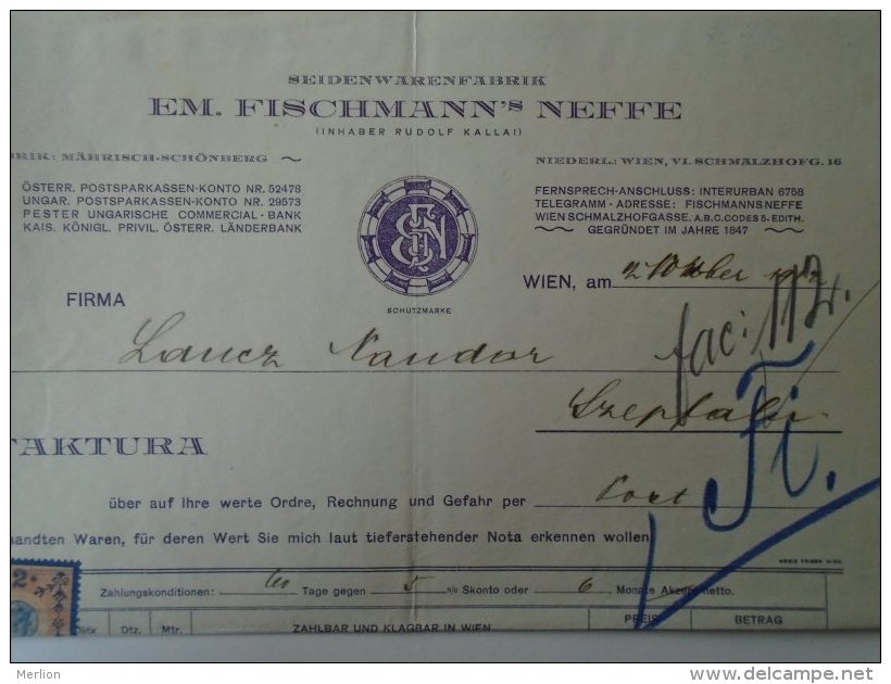 AV508A.3 Invoice Faktura - Austria -WIEN - EM Fischmann's Neiffe  1913 - Revenue Stamp  - Temesszépfalu - Oostenrijk