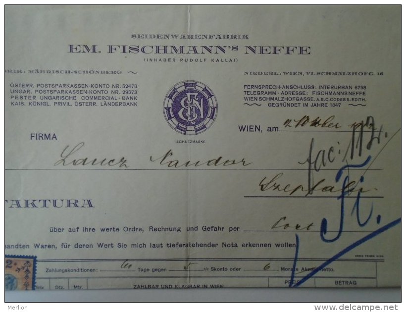 AV508A.3 Invoice Faktura - Austria -WIEN - EM Fischmann's Neiffe  1913 - Revenue Stamp  - Temesszépfalu - Austria