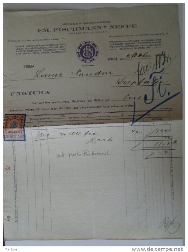 AV508A.3 Invoice Faktura - Austria -WIEN - EM Fischmann's Neiffe  1913 - Revenue Stamp  - Temesszépfalu - Österreich