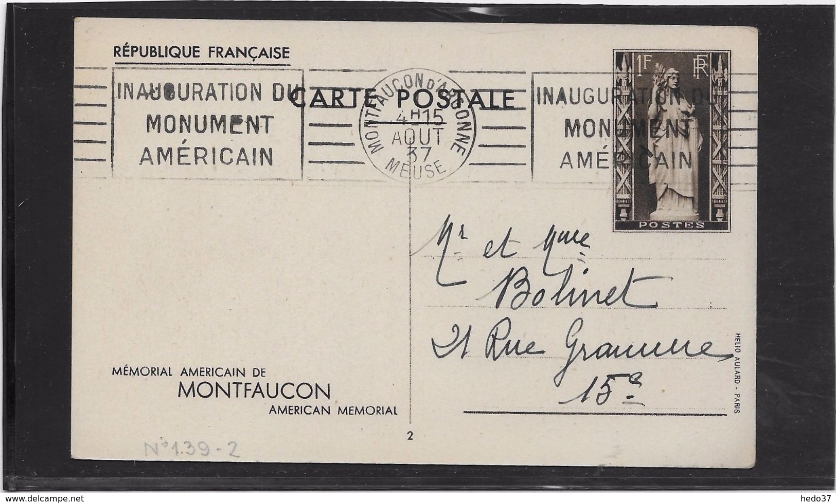 France Entiers Postaux Commémoratifs - Mémorial Américain De Montfaucon - Standard Postcards & Stamped On Demand (before 1995)