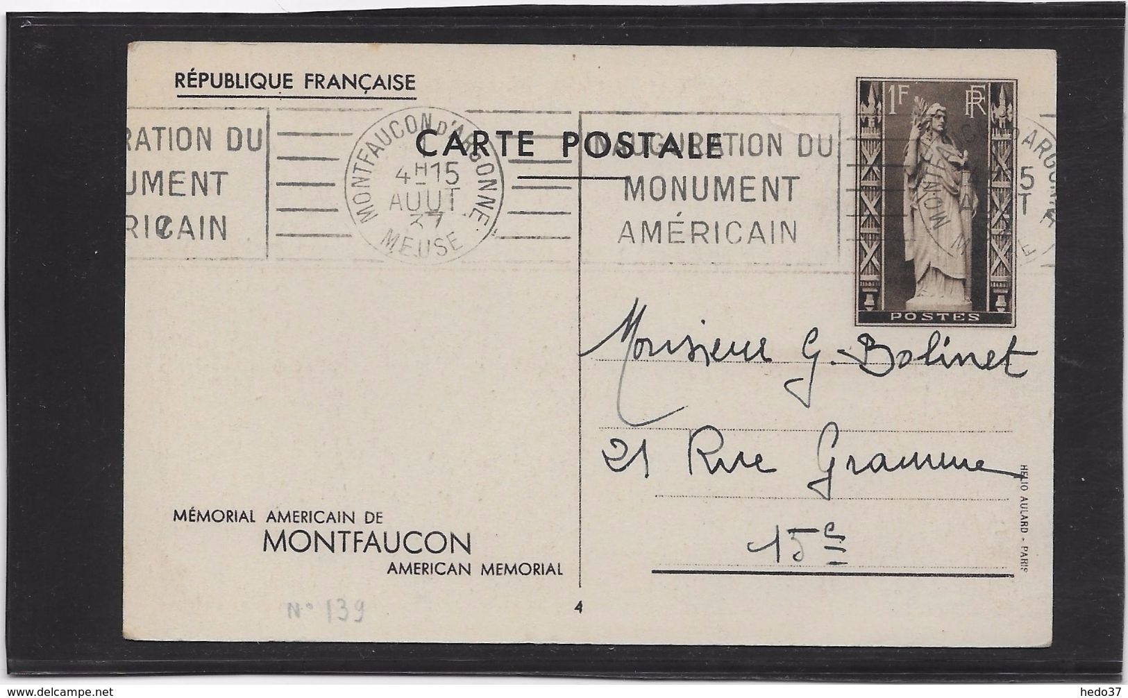 France Entiers Postaux Commémoratifs - Mémorial Américain De Montfaucon - Standard Postcards & Stamped On Demand (before 1995)