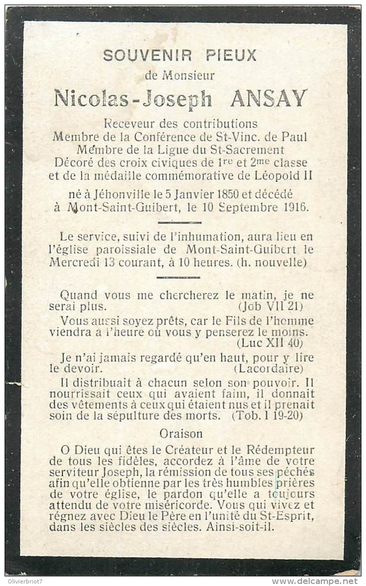 Faire Part De Décès - Mr N-J ANSAY Né à Jéhonville 1850 (Bertrix ) Décédé à Mont-Saint-Guibert 1915 - Overlijden