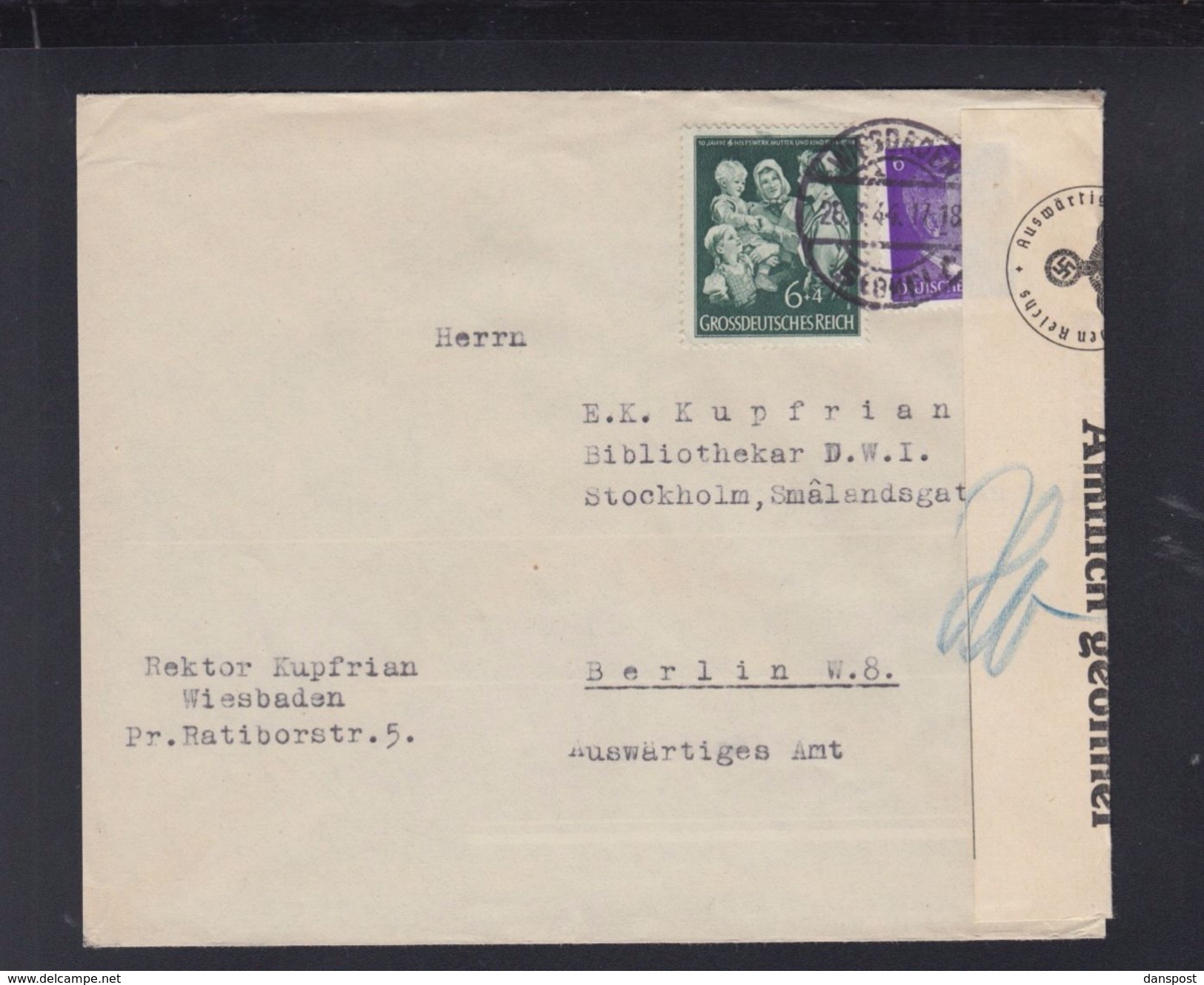 Dt. Reich Brief Wiesbaden 1944 über Das Auswärtige Amt Nach Schweden Amtlich Geöffnet - Covers & Documents