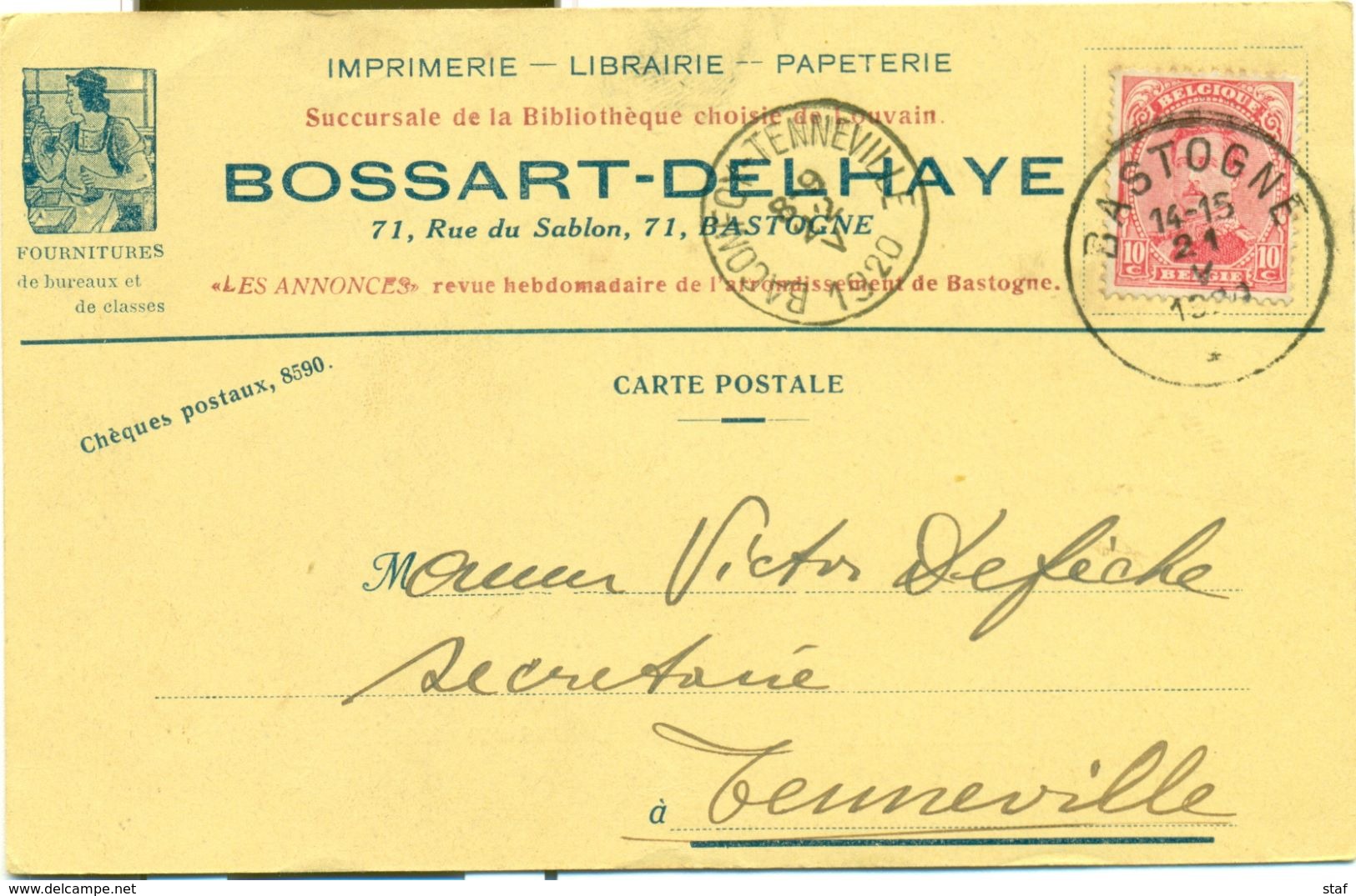 Imprimerie - Librairie - Papéterie Bossart - Delhaye à Bastogne : 1920 - Druck & Papierwaren