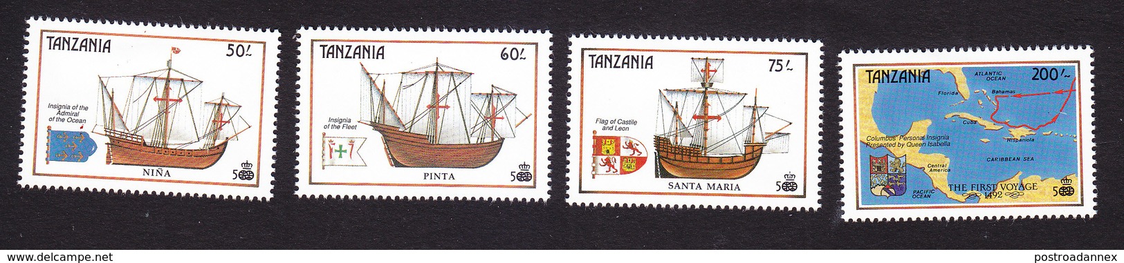 Tanzania, Scott #555-558, Mint Hinged, Discovery Of America, Issued 1990 - Tanzanie (1964-...)