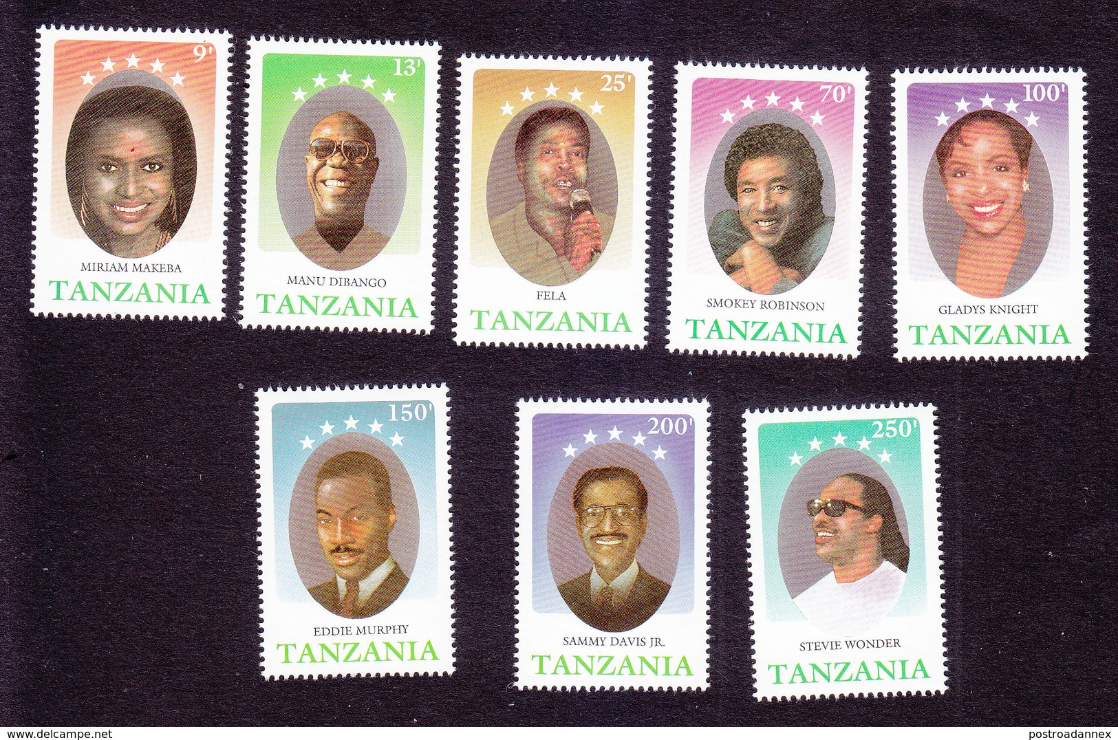 Tanzania, Scott #580-587, Mint Hinged, Black Entertainers, Issued 1990 - Tanzania (1964-...)