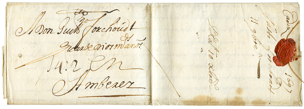 1697 Taxe "14:2" Sur Lettre Avec Texte Daté De CADIX (ESPAGNE) Pour ANVERS(BELGIQUE). Verso, Fermeture Cachet De Cire +  - Marques D'entrées