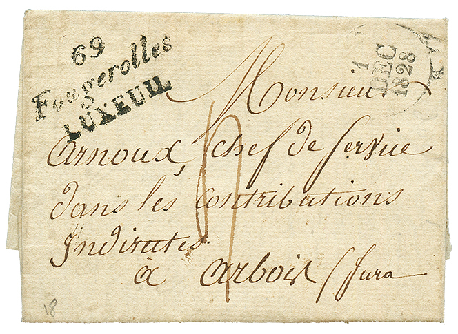 HAUTE SAONE : 1828 Double Cursive 69 FOUGEROLLES/LUXEUIL + Dateur A Sur Lettre Pour ARBOIS. TTB. - 1801-1848: Precursori XIX