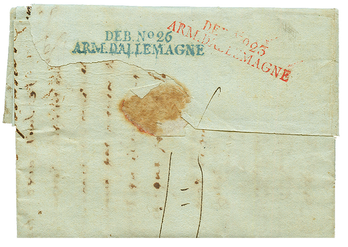 "DOUBLE DEBOURSE De L' ARMEE D' ALLEMAGNE" : 1809 DEB. N°23 ARM.D'ALLEMAGNE Rouge + DEB. N°26 ARM.D' ALLEMAGNE Bleu Au V - Bolli Militari (ante 1900)