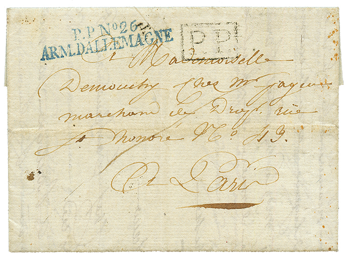 1809 P.P N°26 ARM. D'ALLEMAGNE Bleu Sur Lettre Avec Texte Daté "BRUNN" Pour PARIS. RARE. Superbe. - Bolli Militari (ante 1900)
