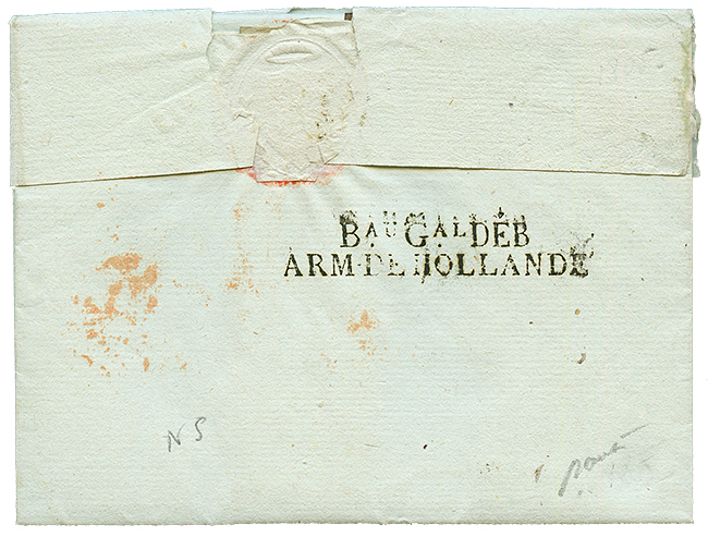 An 13 Rarissime Cachet Bau Gal DEB./ ARM. DE HOLLANDE Au Verso D'une Lettre Avec Texte De PARIS Pour Le QUARTIER GENERAL - Bolli Militari (ante 1900)