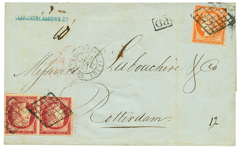 "Affrt à 2F40 Pour LES PAYS-BAS" : 1852 CERES 40c(n°5) Pd + Paire 1F CARMIN(n°6) Pd Obl. GRILLE + PARIS(DS2) Sur Lettre  - 1849-1850 Ceres